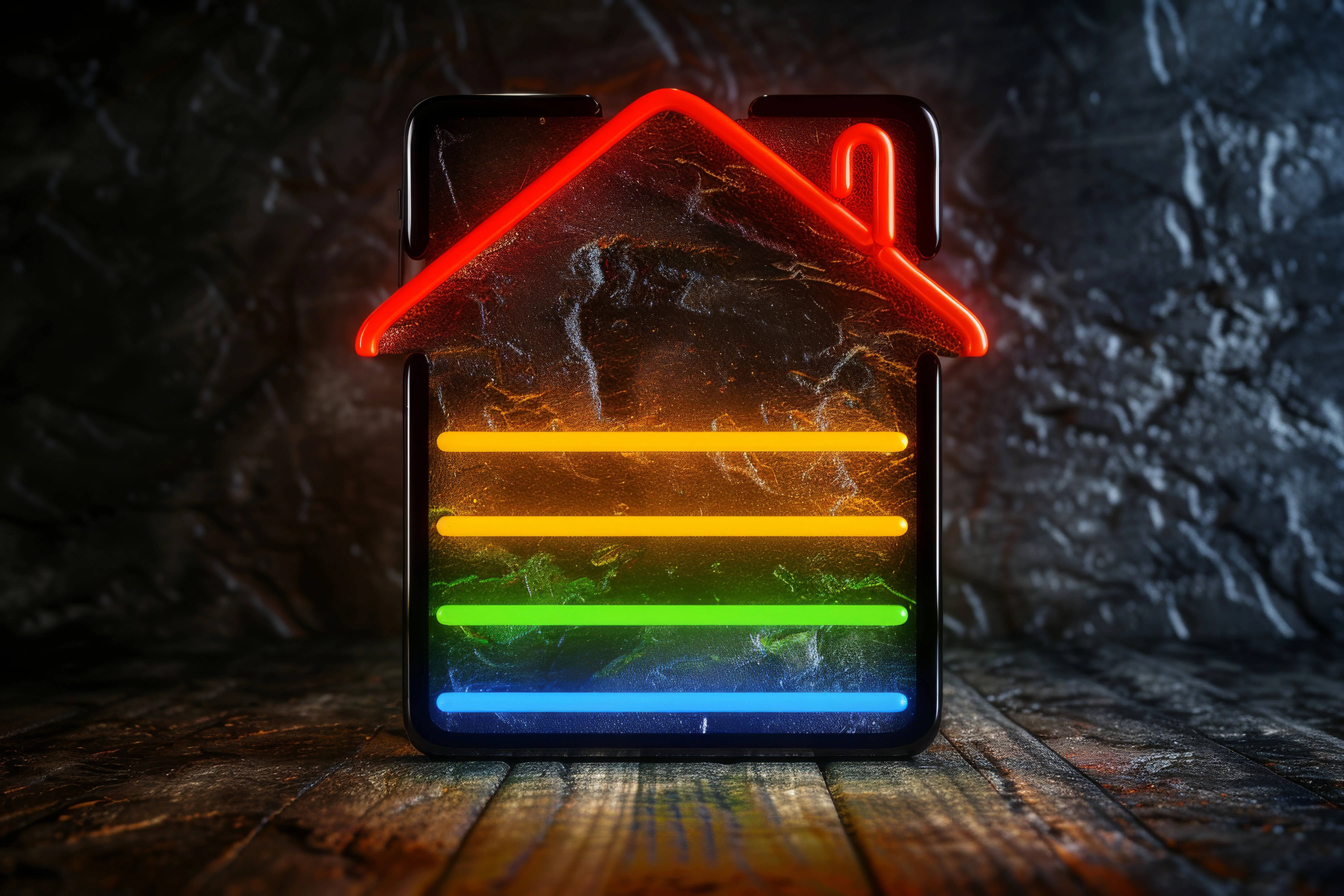 Ein umweltfreundliches Haus unter einem neonfarbenen Regenbogen, das Natur mit nachhaltigem Leben verbindet, in einem mystischen