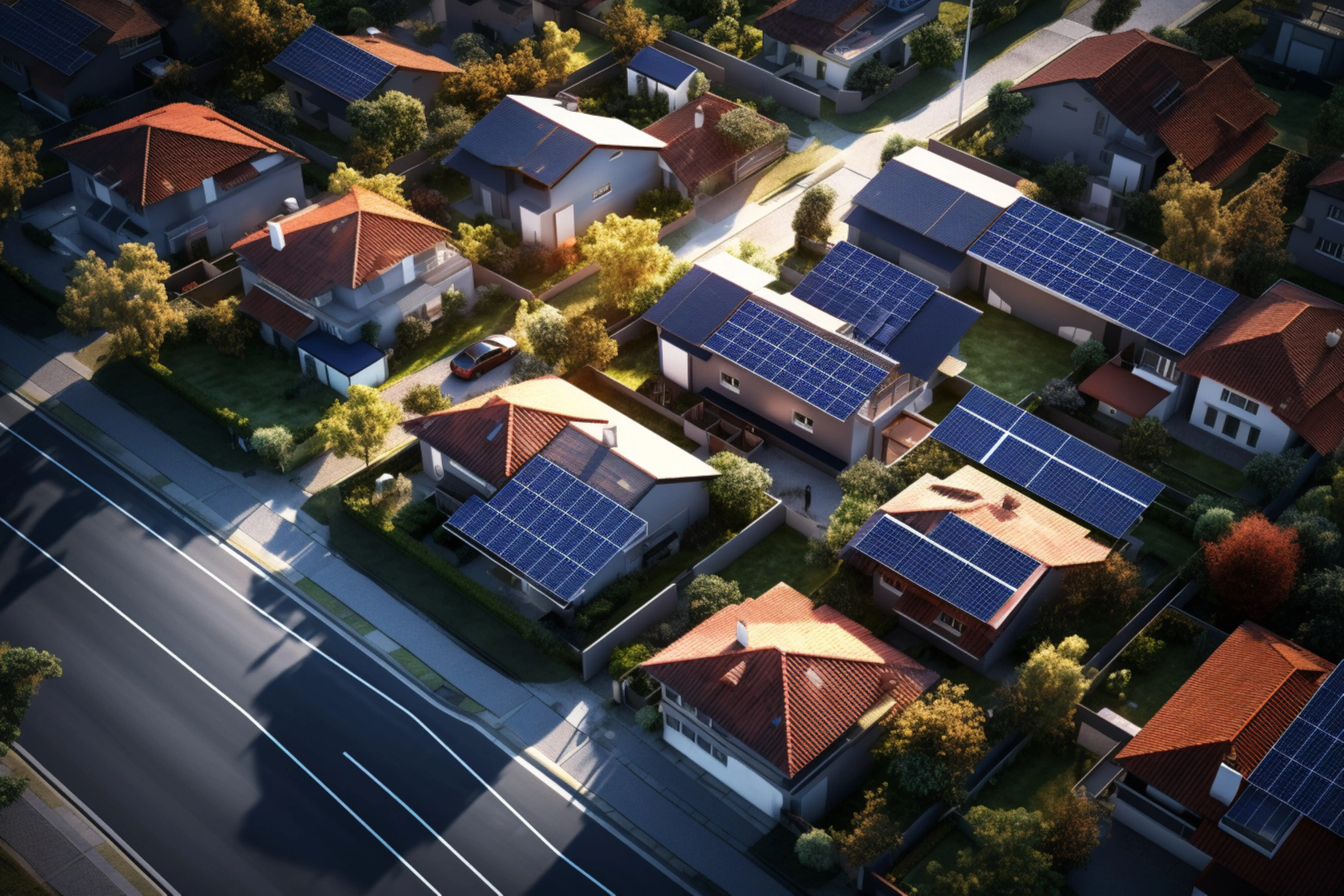 Luftaufnahme von auf Hausdächern installierten Solarmodulen.