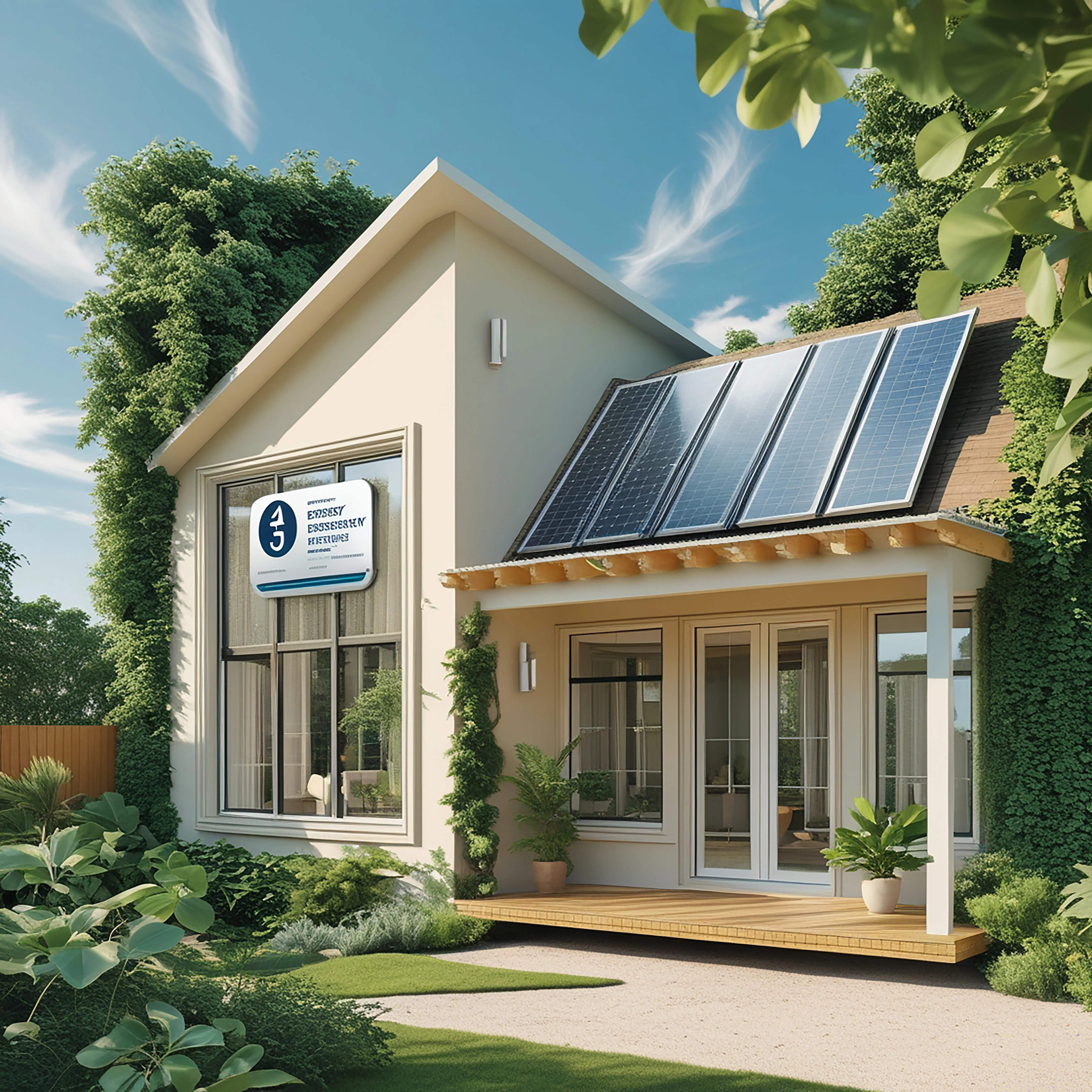 Ein Haus, dessen Dach mit Solarmodulen ausgestattet ist.