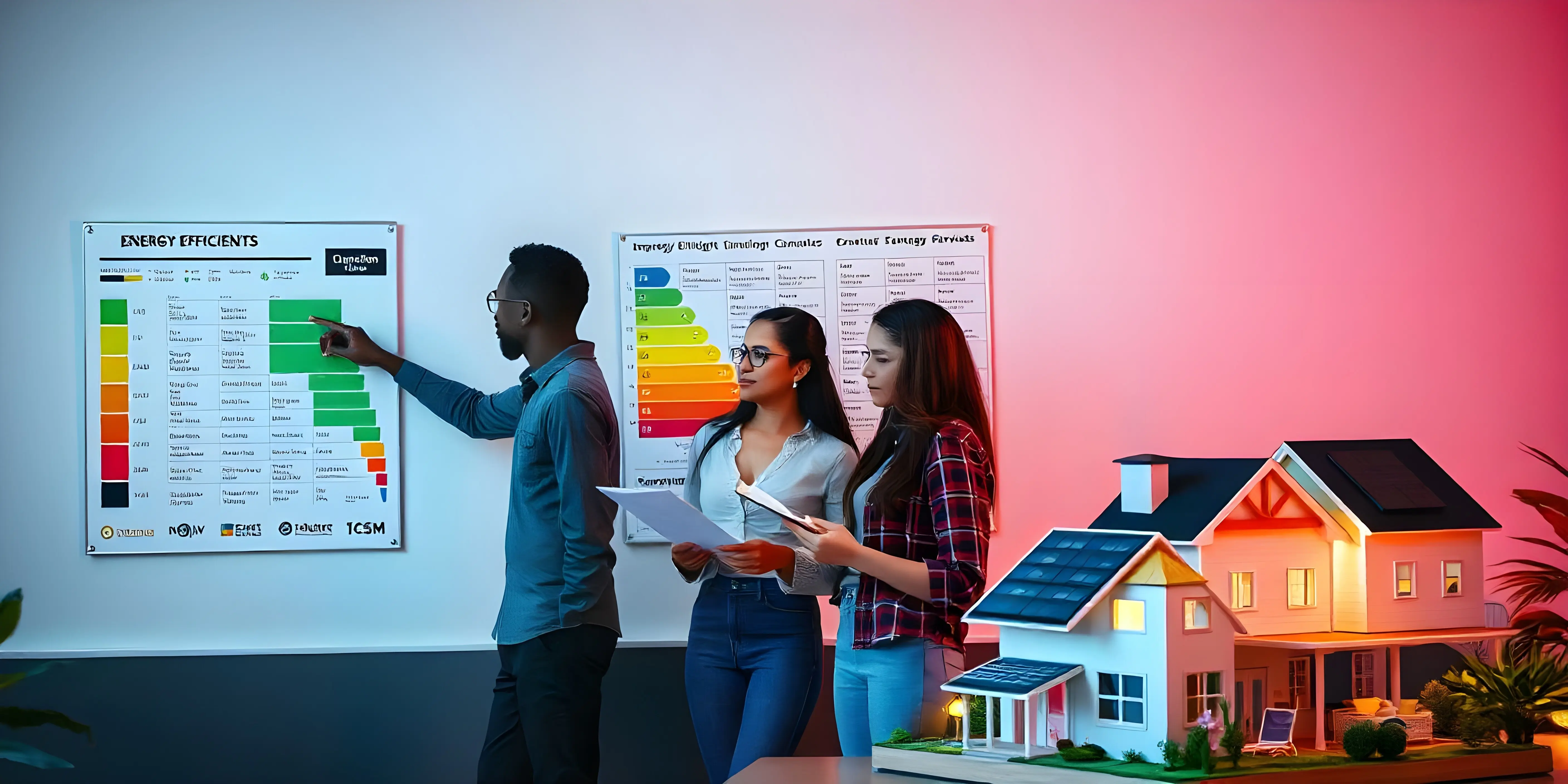 Konzept der Energieeffizienz mit Diagramm der Energieklassen; Bewertung der Energieeffizienz; ökologisches Haus.